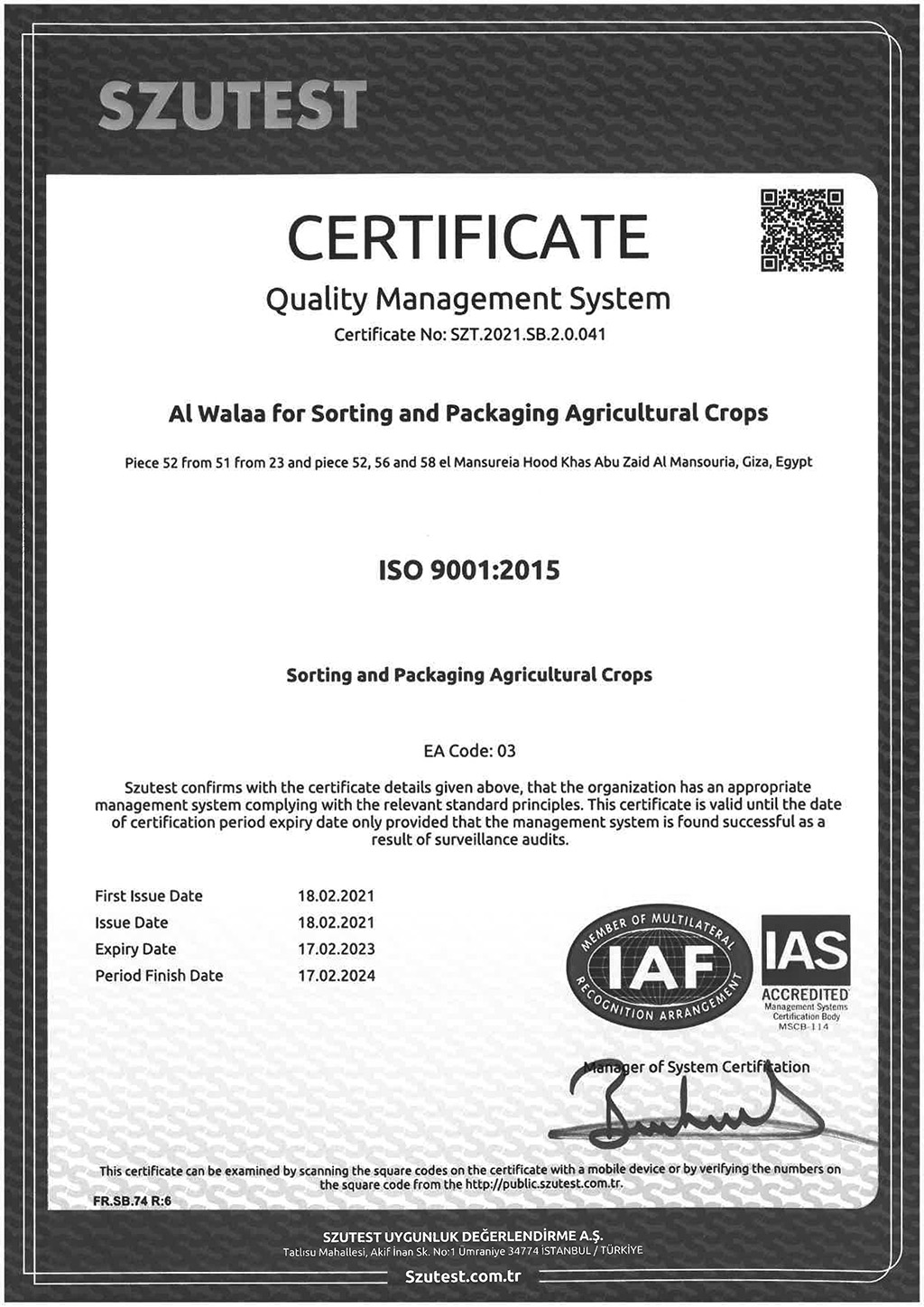 ISO 9001:2015 Quality Management System Certificate
